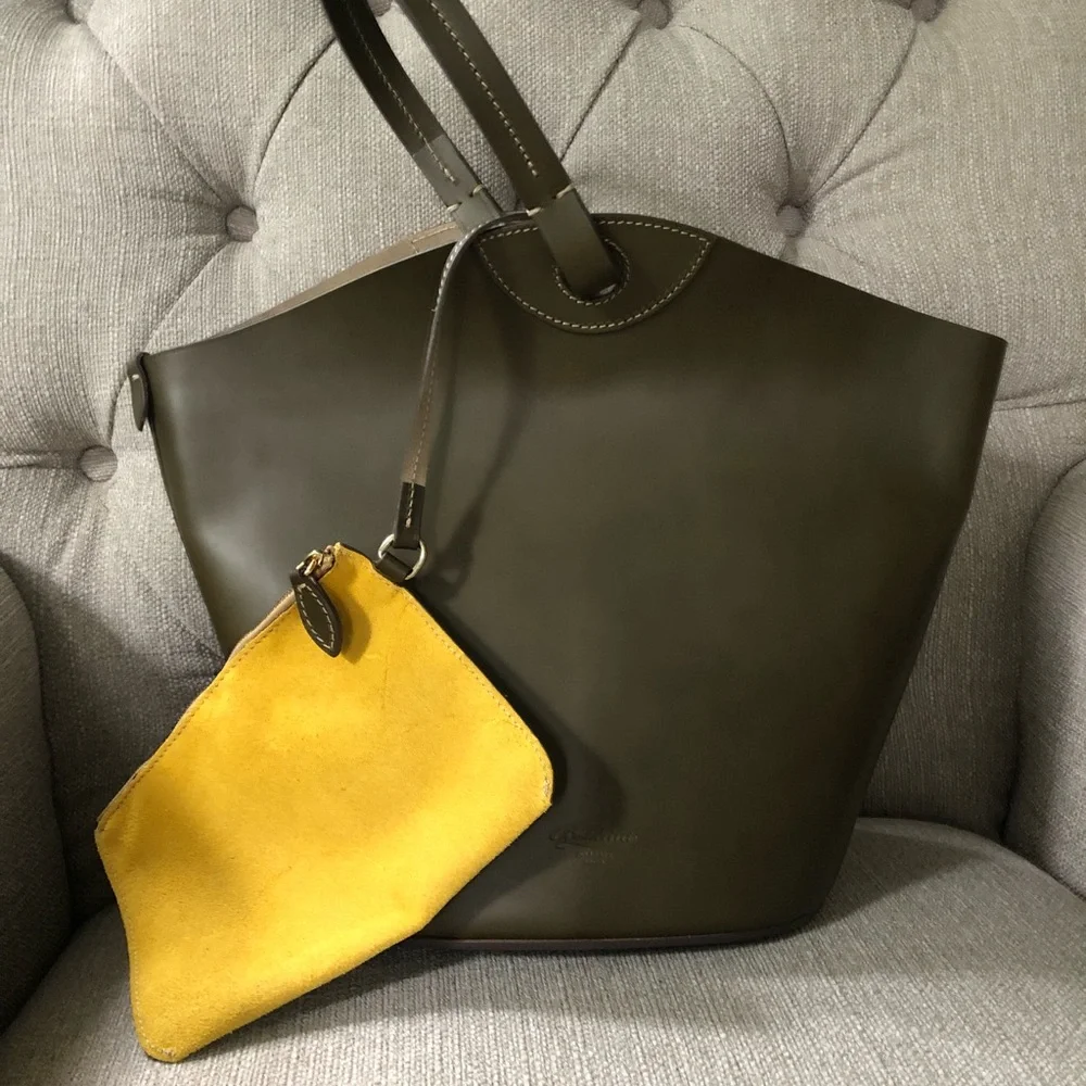 BOLDRINI Olive Made In Italy Leather Rigid Bucket Bag - Picture 1 of 2